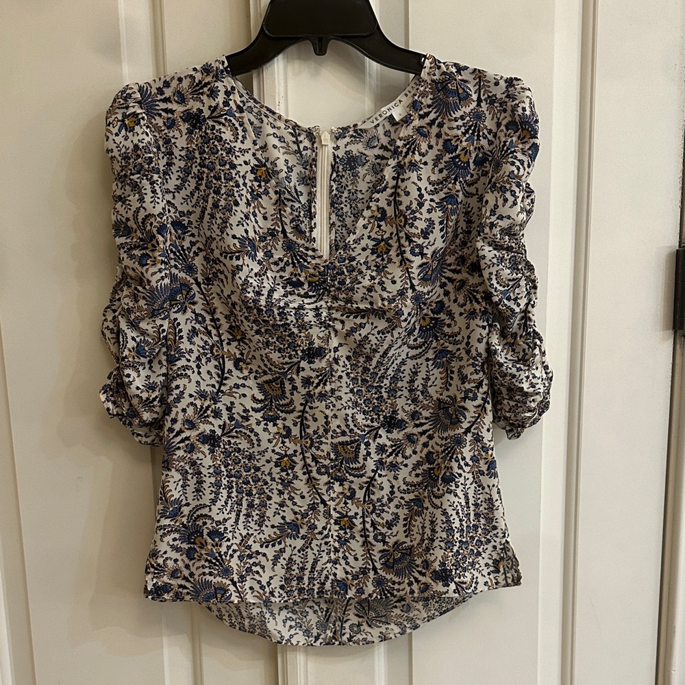 Veronica Beard Blue and Cream Floral Blouse